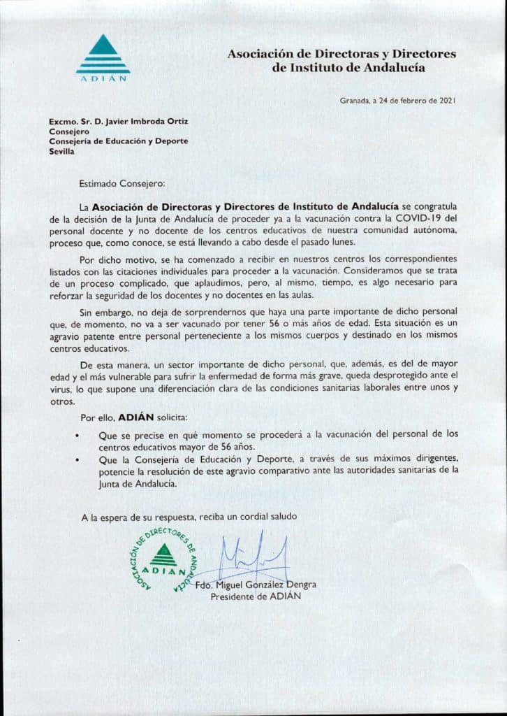 Comunicado de ADIÁN para la vacunación del profesorado mayor de 55 años