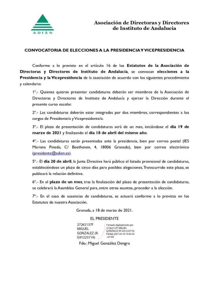 Convocatoria de elecciones a la presidencia y vicepresidencia de ADIÁN