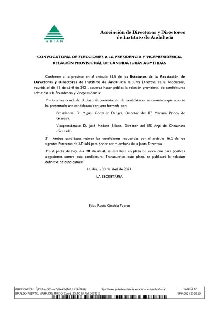 Relación provisional candidaturas elecciones ADIÁN