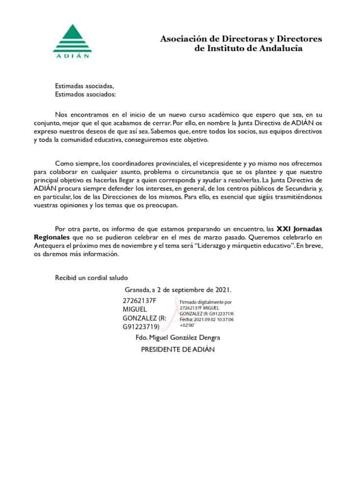 Carta inicio curso 2021/2022