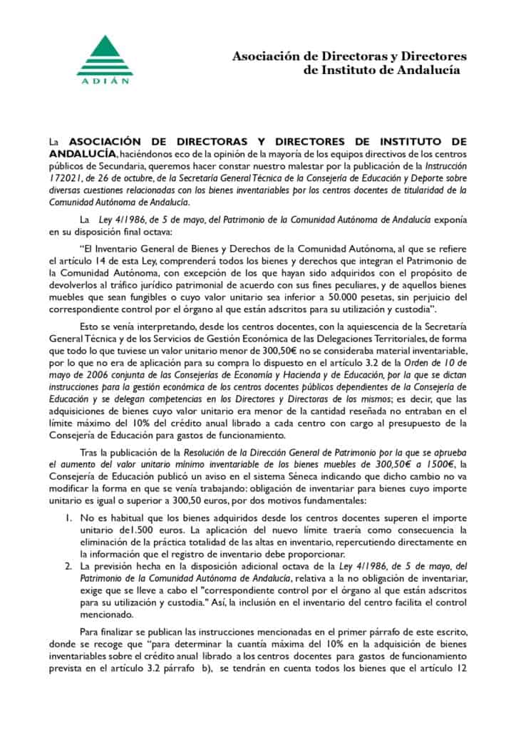 Comunicado sobre instrucciones acerca de material inventariable