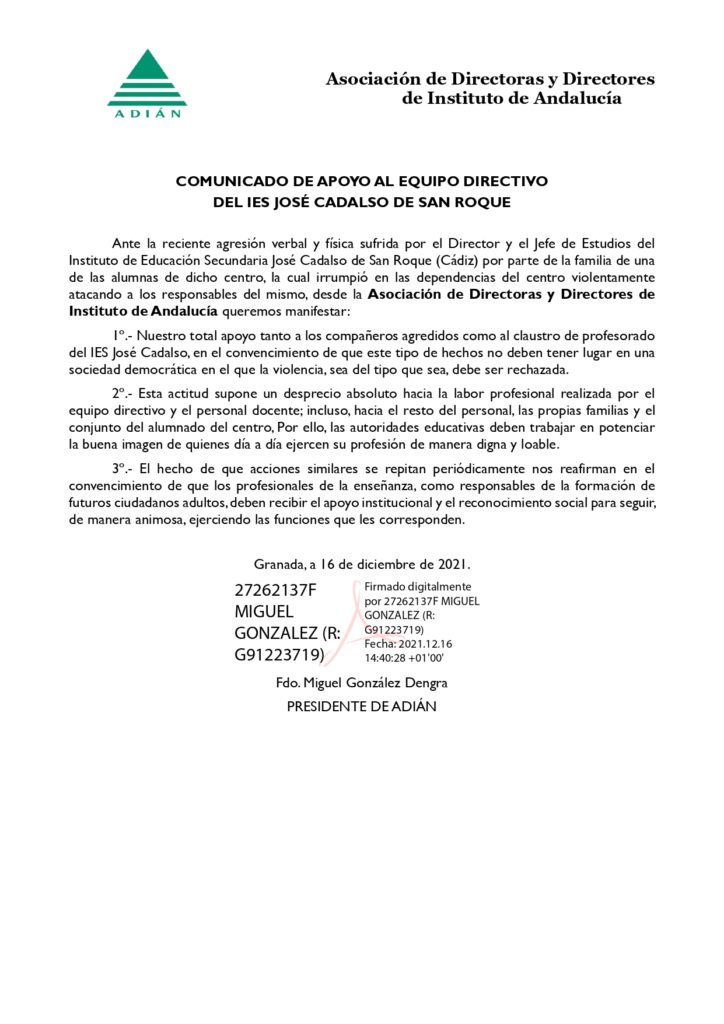 COMUNICADO DE APOYO AL EQUIPO DIRECTIVO DEL IES JOSÉ CADALSO DE SAN ROQUE