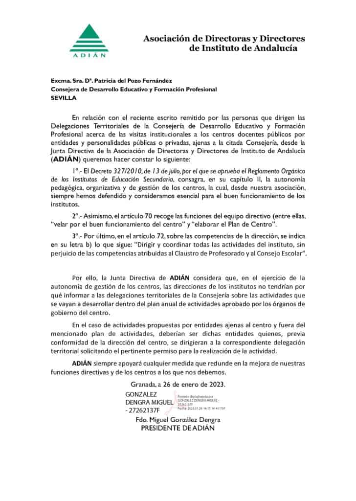 Comunicado ADIÁN sobre escrito recibido acerca de las visitas institucionales a los centro públicos.