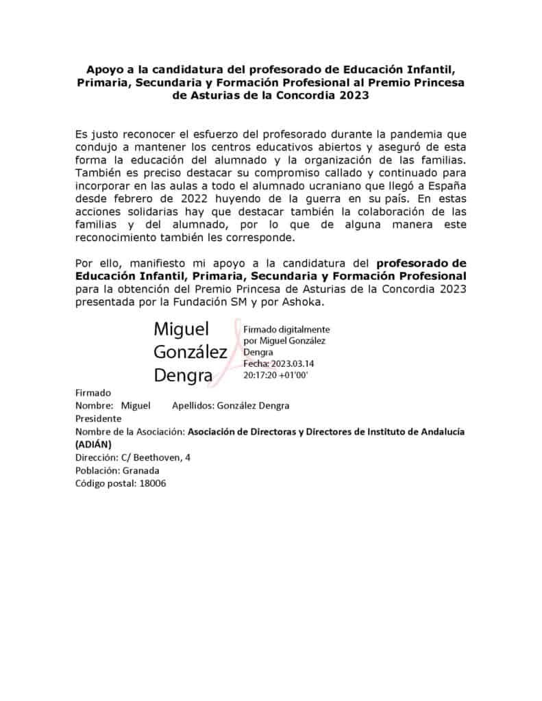 Apoyo de ADIÁN a la candidatura del profesorado de Educación Infantil, Primaria, Secundaria y Formación Profesional al Premio Princesa de Asturias de la Concordia 2023