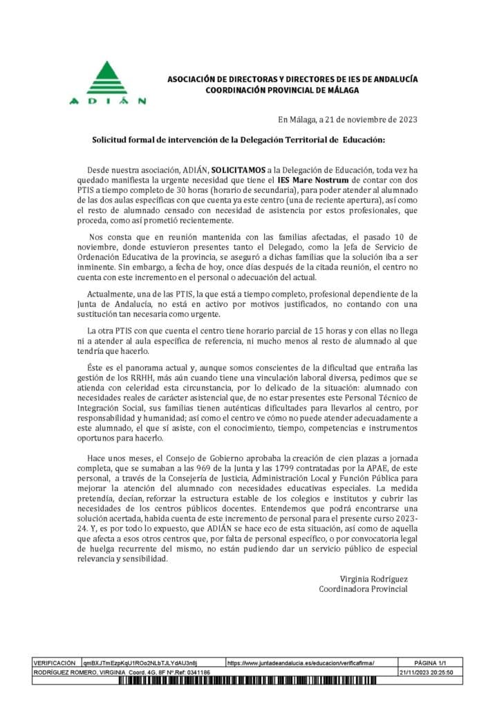 Solicitud formal de intervención de la Delegación Territorial de Educación ante la urgente necesidad que tiene el IES Mare Nostrum de contar con dos PTIS