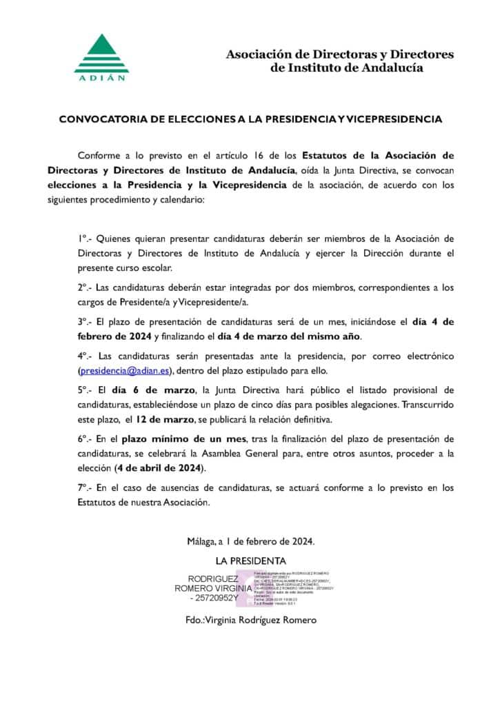 ADIÁN: CONVOCATORIA DE ELECCIONES A LA PRESIDENCIA Y VICEPRESIDENCIA