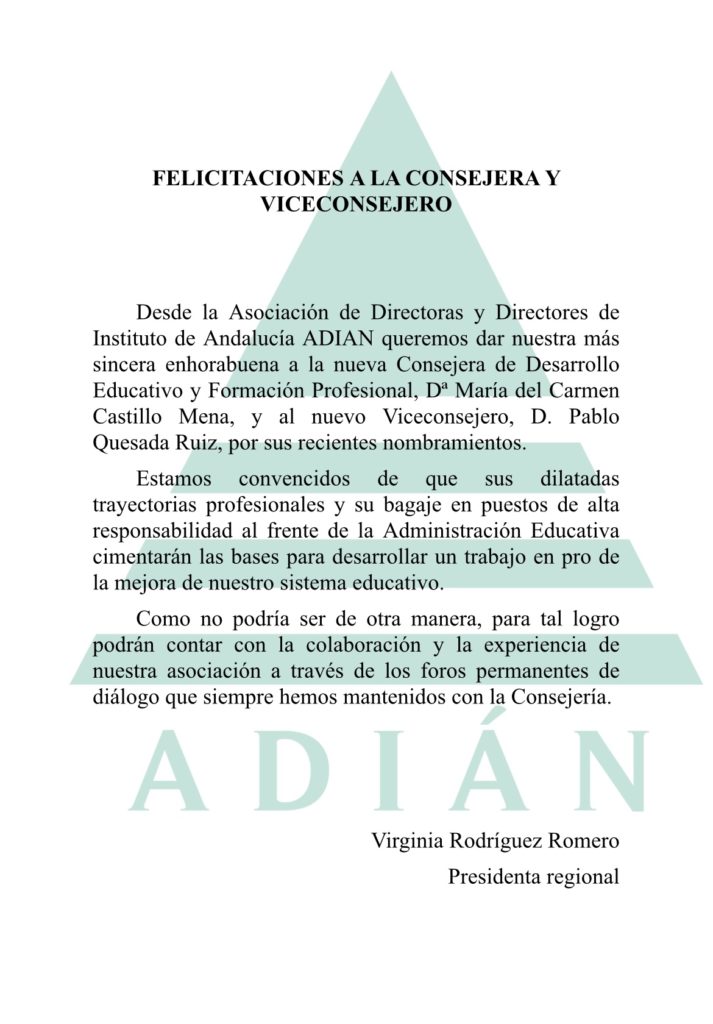 Felicitación de ADIÁN por los recientes nombramientos en la Consejería