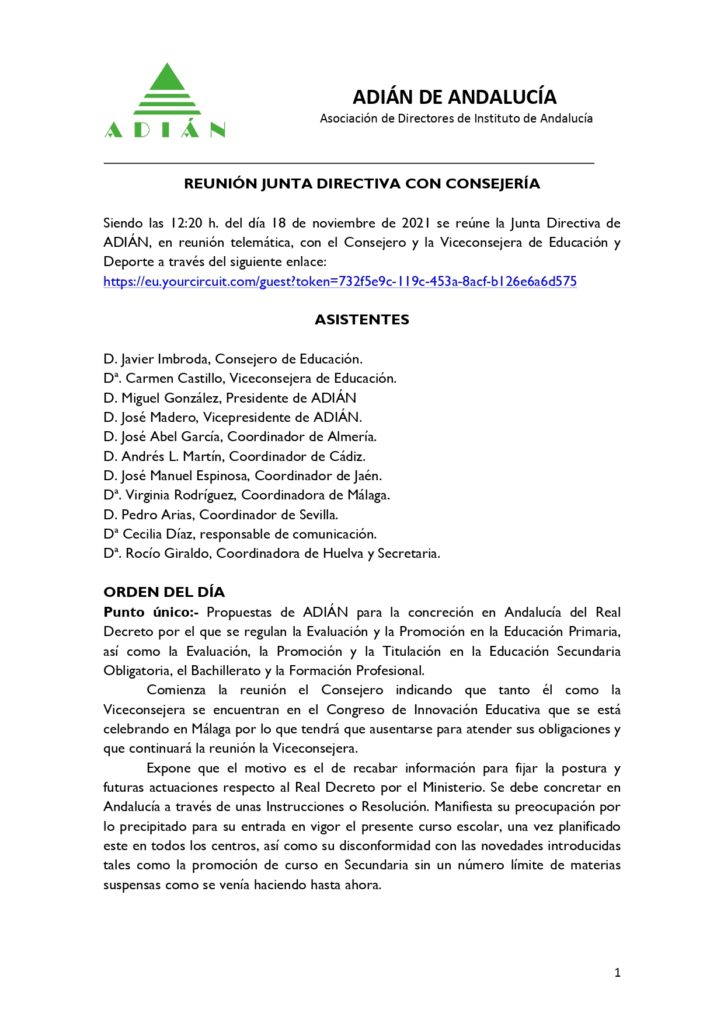 Acta reunión Junta Directiva - Consejería Educación 18/11