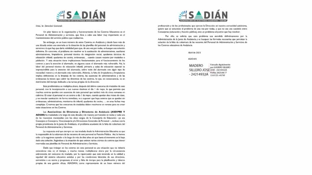 ASADIÁN: Carta remitida al Secretario general para la administración pública y al director general de RRHH de la consejería de educación.