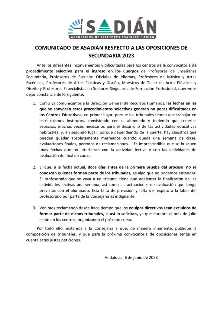 ASADIÁN: COMUNICADO RESPECTO A LAS OPOSICIONES DE SECUNDARIA 2023