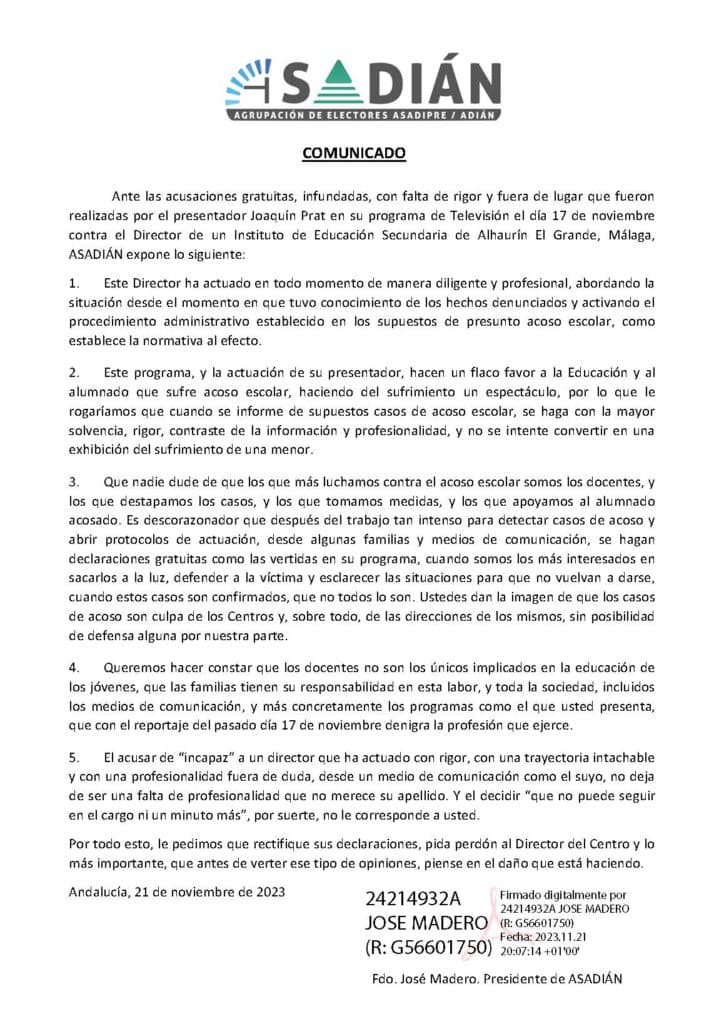 COMUNICADO DE ASADIÁN ante las acusaciones realizadas por el presentador Joaquín Prat contra el Director de un Instituto de Educación Secundaria de Alhaurín El Grande.