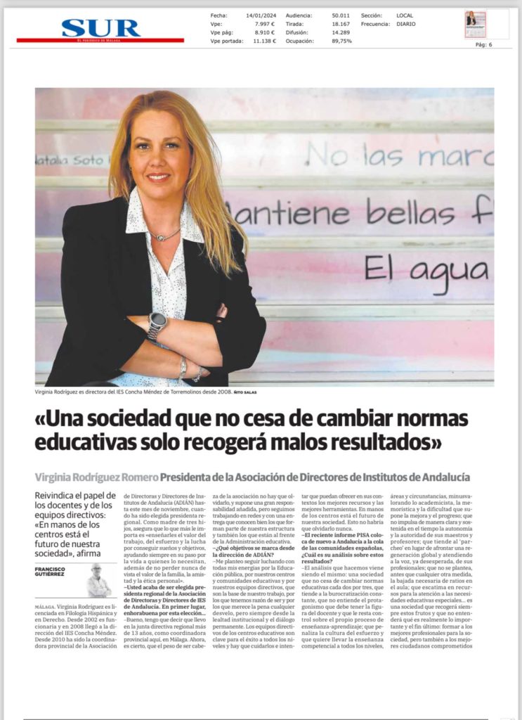 PRENSA: Entrevista del diario Sur a nuestra presidenta Virginia Rodríguez Romero.