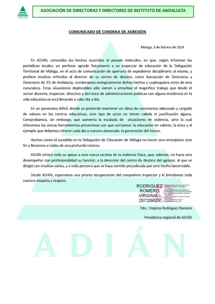 ADIÁN: COMUNICADO DE CONDENA DE AGRESIÓN
